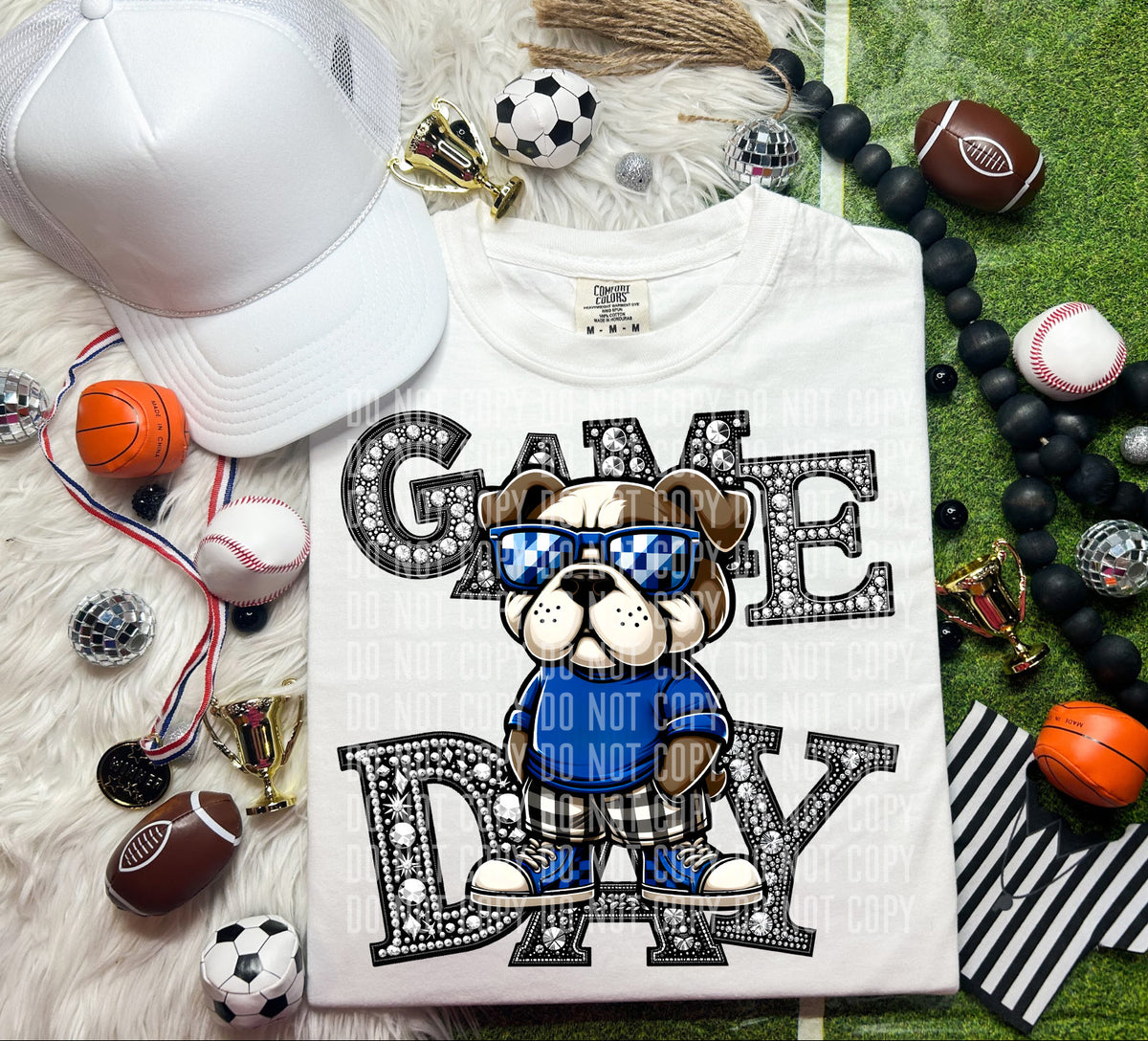 Game Day Silver Rhinestones Checkered Bulldog Blue Shirt 54598 DTF transfer