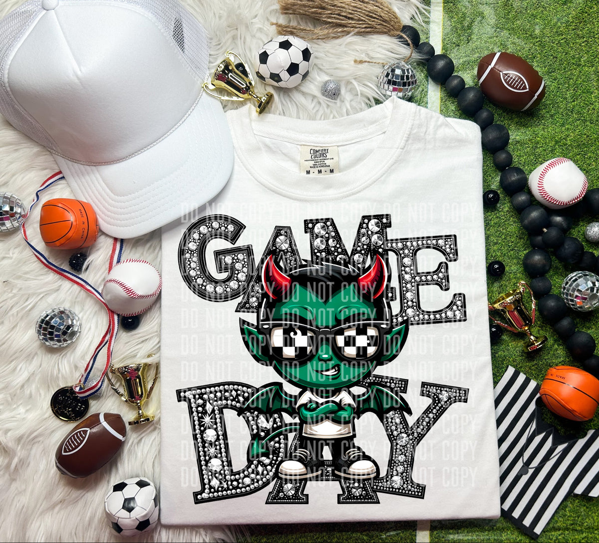 Game Day Silver Rhinestones Checkered Green Devil 54602 DTF transfer