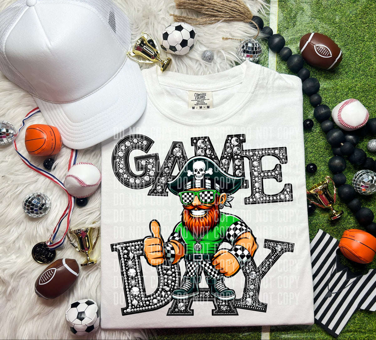 Game Day Silver Rhinestones Checkered Green Shirt Pirate 54603 DTF transfer