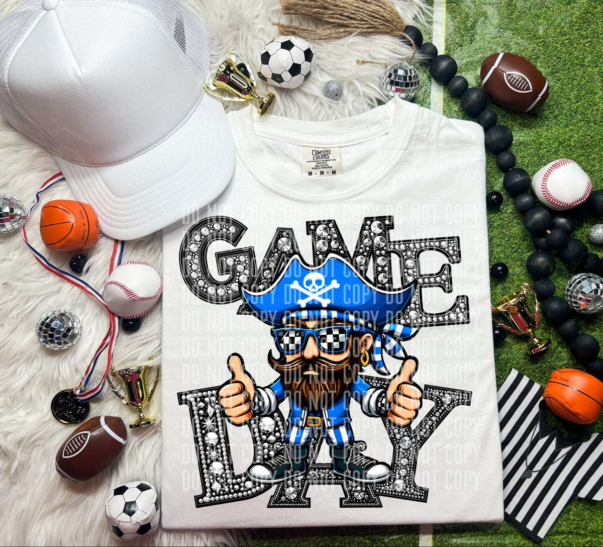 Game Day Silver Rhinestones Checkered Blue Shirt Pirate 54604 DTF transfer
