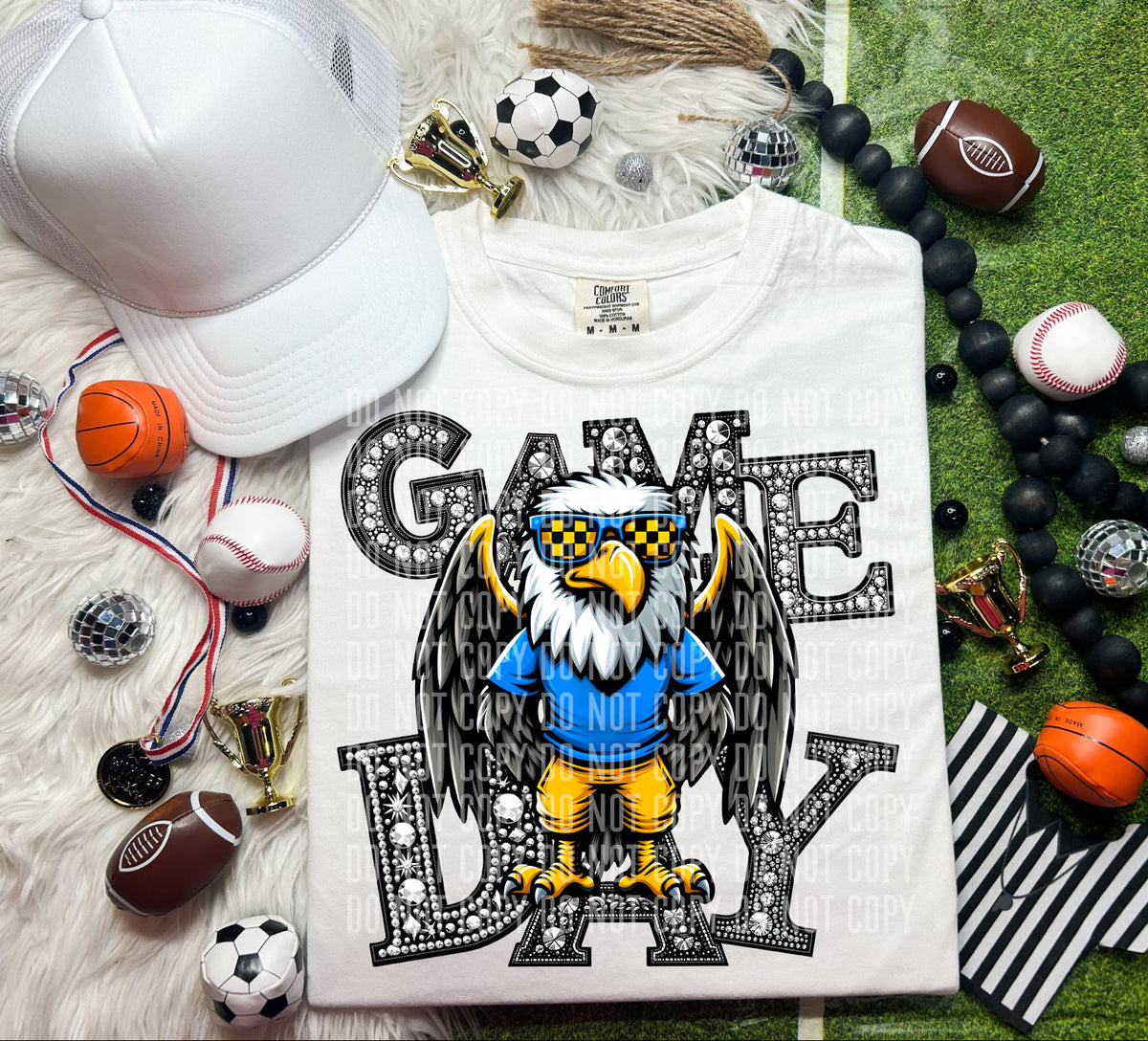 Game Day Silver Rhinestones Black Yellow Checkered Eagle 54605 DTF transfer