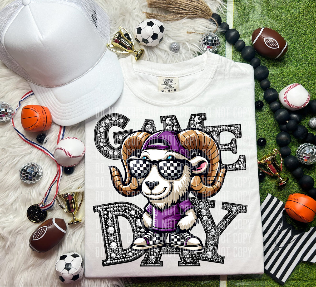 Game Day Silver Rhinestones Checkered Purple Shirt Goat 54606 DTF transfer
