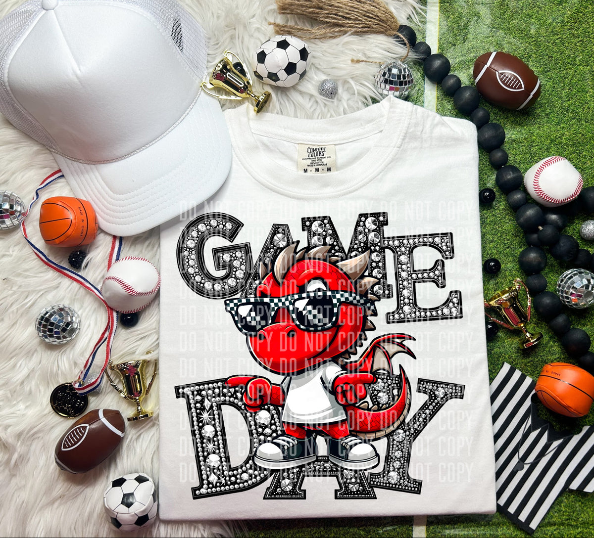 Game Day Silver Rhinestones Checkered Red Dragon 54607 DTF transfer