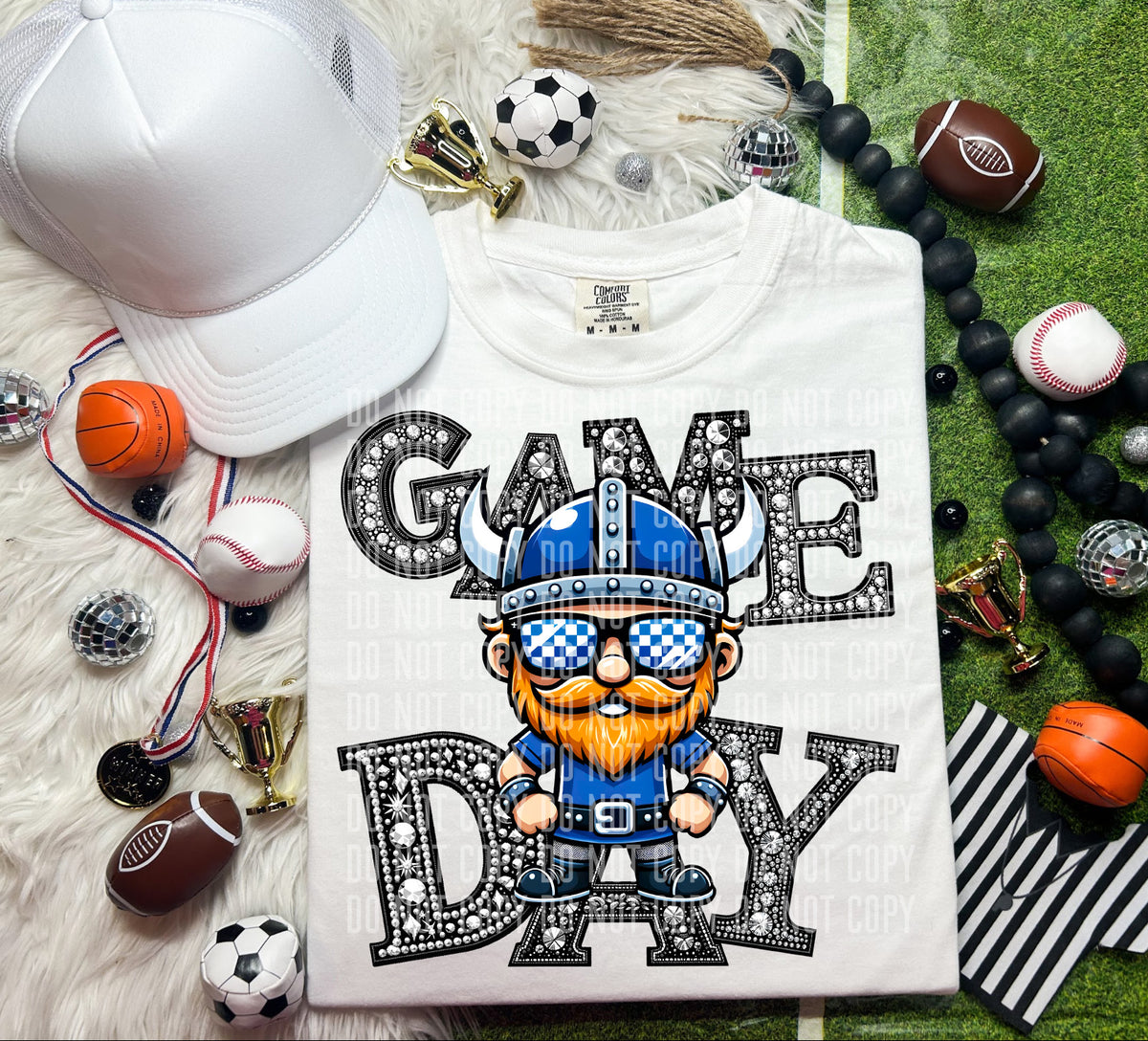 Game Day Silver Rhinestones Blue White Checkered Vikings 54608 DTF transfer
