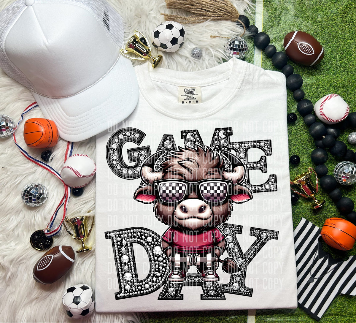 Game Day Silver Rhinestones Checkered Bull 54539 DTF transfer