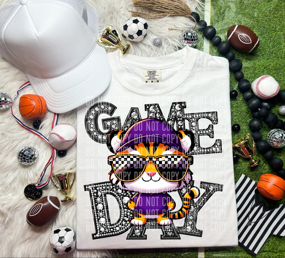Game Day Silver Rhinestones Checkered Purple Shirt Tiger 54612 DTF transfer