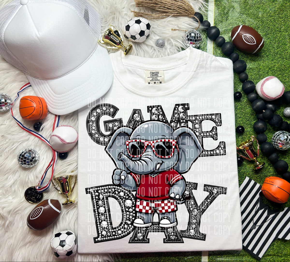 Game Day Silver Rhinestones Checkered Elephant 54613 DTF transfer