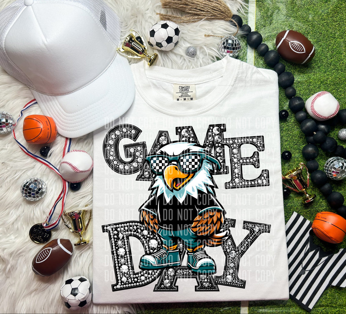 Game Day Silver Rhinestones Checkered Eagle 54618 DTF transfer