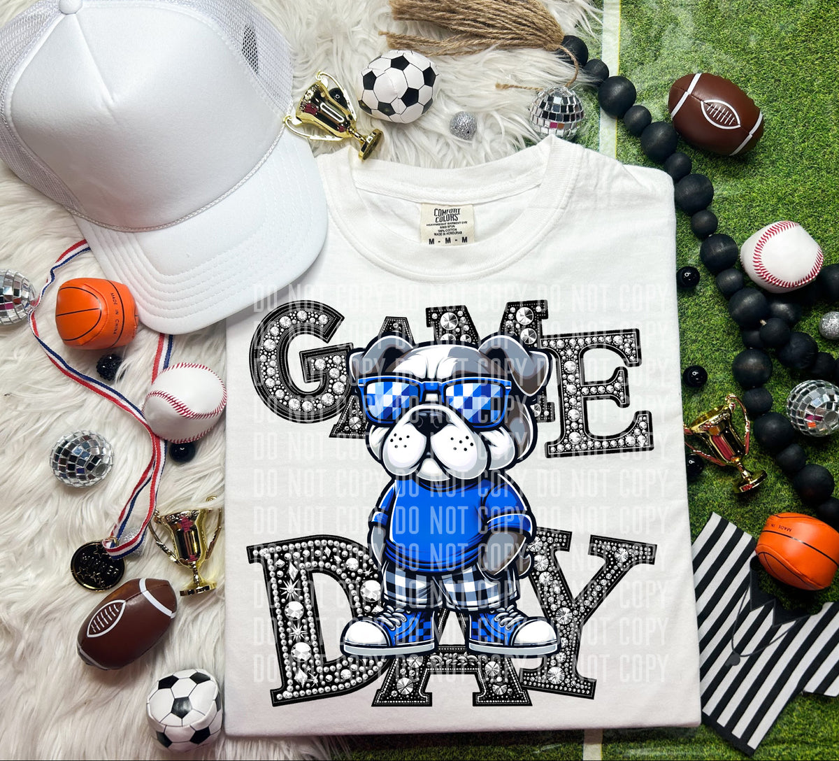 Game Day Silver Rhinestones Checkered Bulldog Blue Shirt 54625 DTF transfer