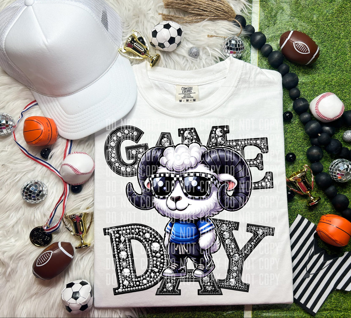 Game Day Silver Rhinestones Checkered Sheep 54627 DTF transfer