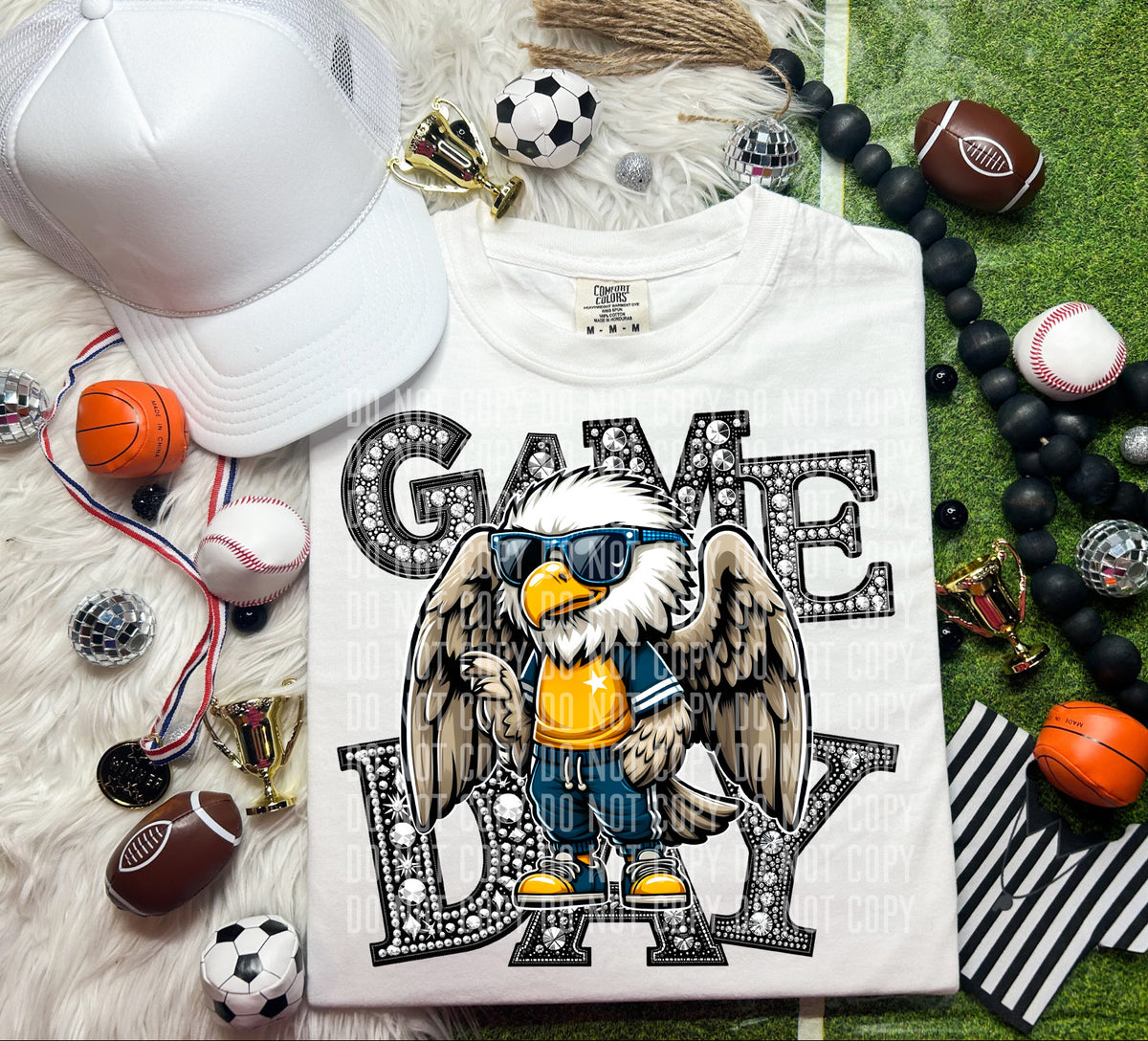 Game Day Silver Rhinestones Checkered Eagle 54628 DTF transfer