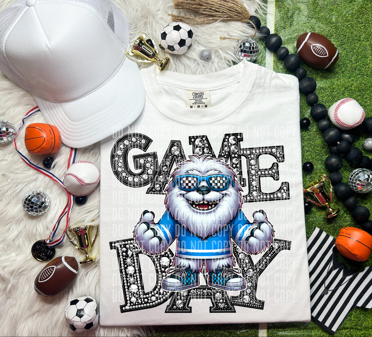 Game Day Silver Rhinestones Checkered Furry Blue 54630 DTF transfer