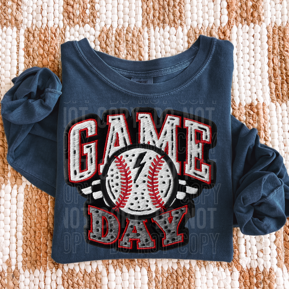Faux embroidery game day baseball (checkered background) (SBB) DTF transfer
