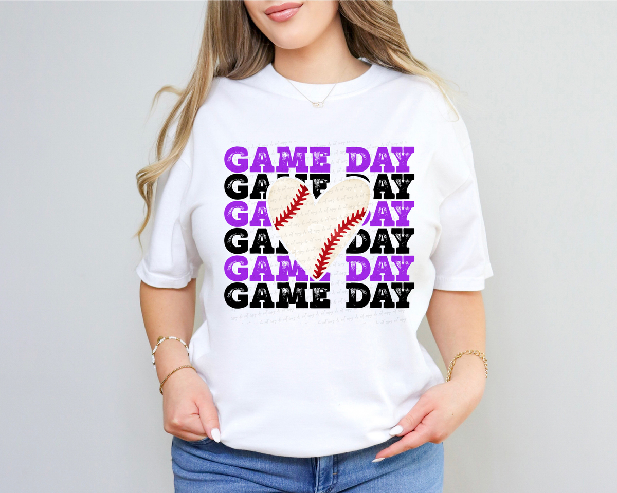 Game Day Stacked Black and Purple Baseball Heart 116419 DTF Transfer