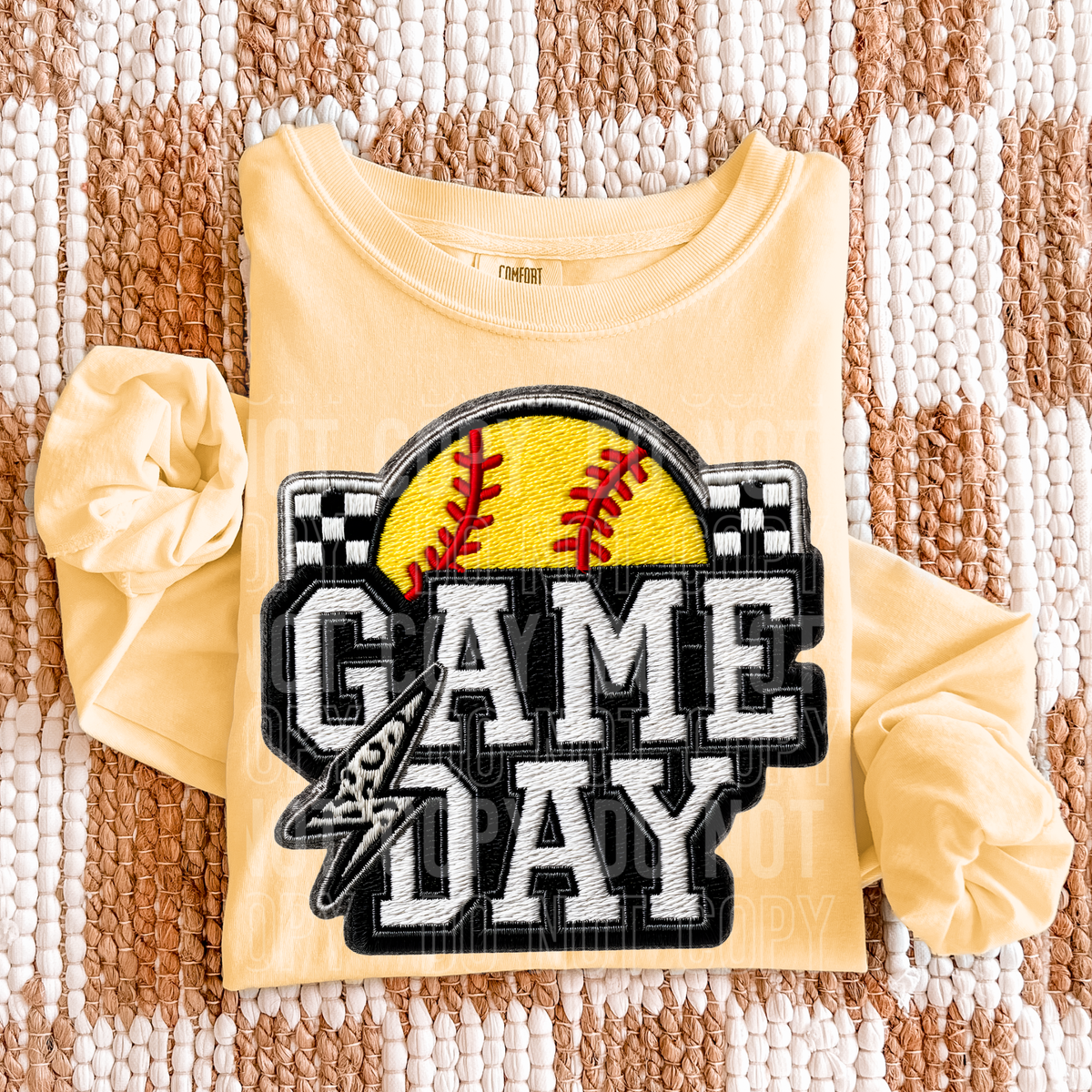Faux embroidery game day softball (checkered background) (SBB) DTF transfer