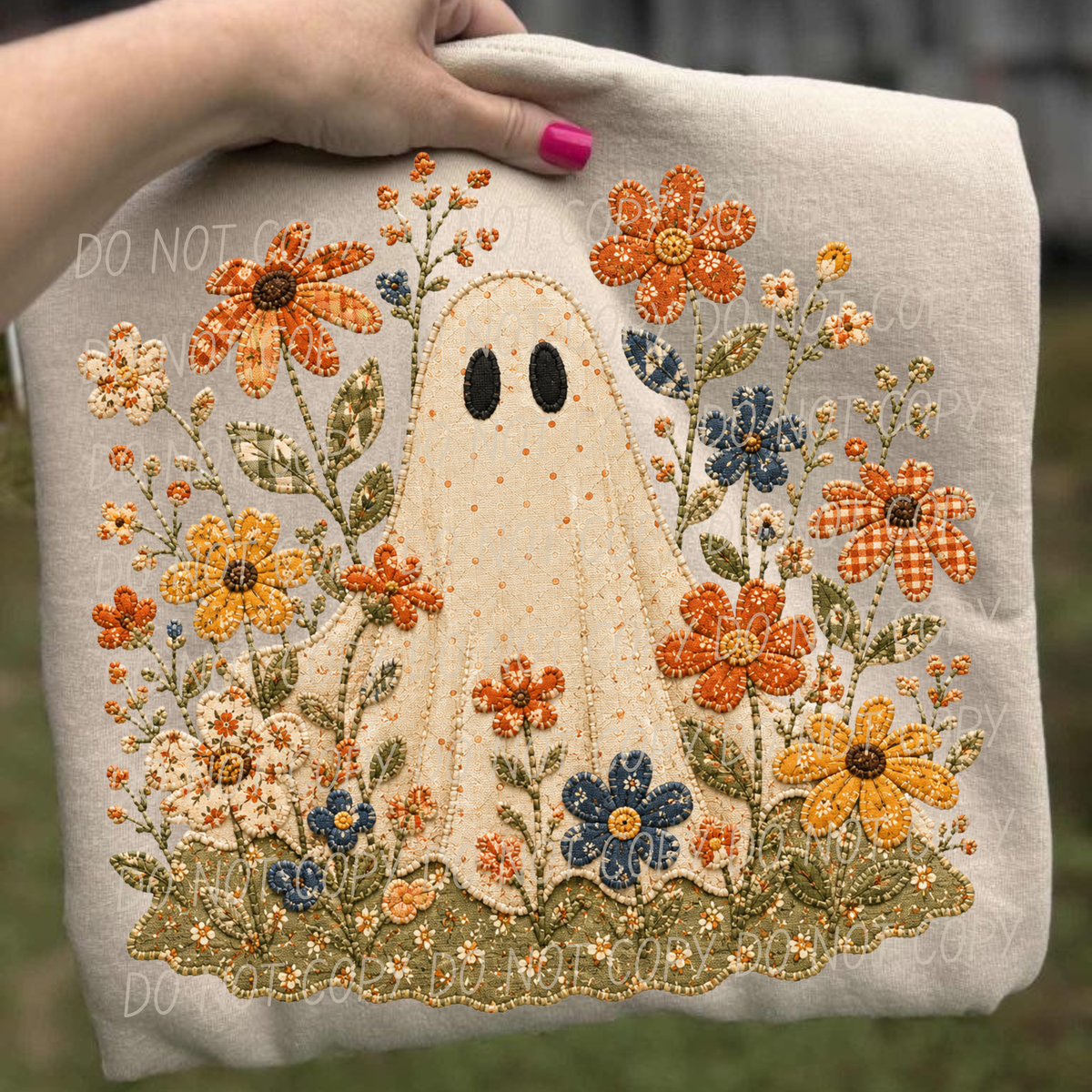 ghost and flowers 3 faux embroidery (City) DTF Transfer