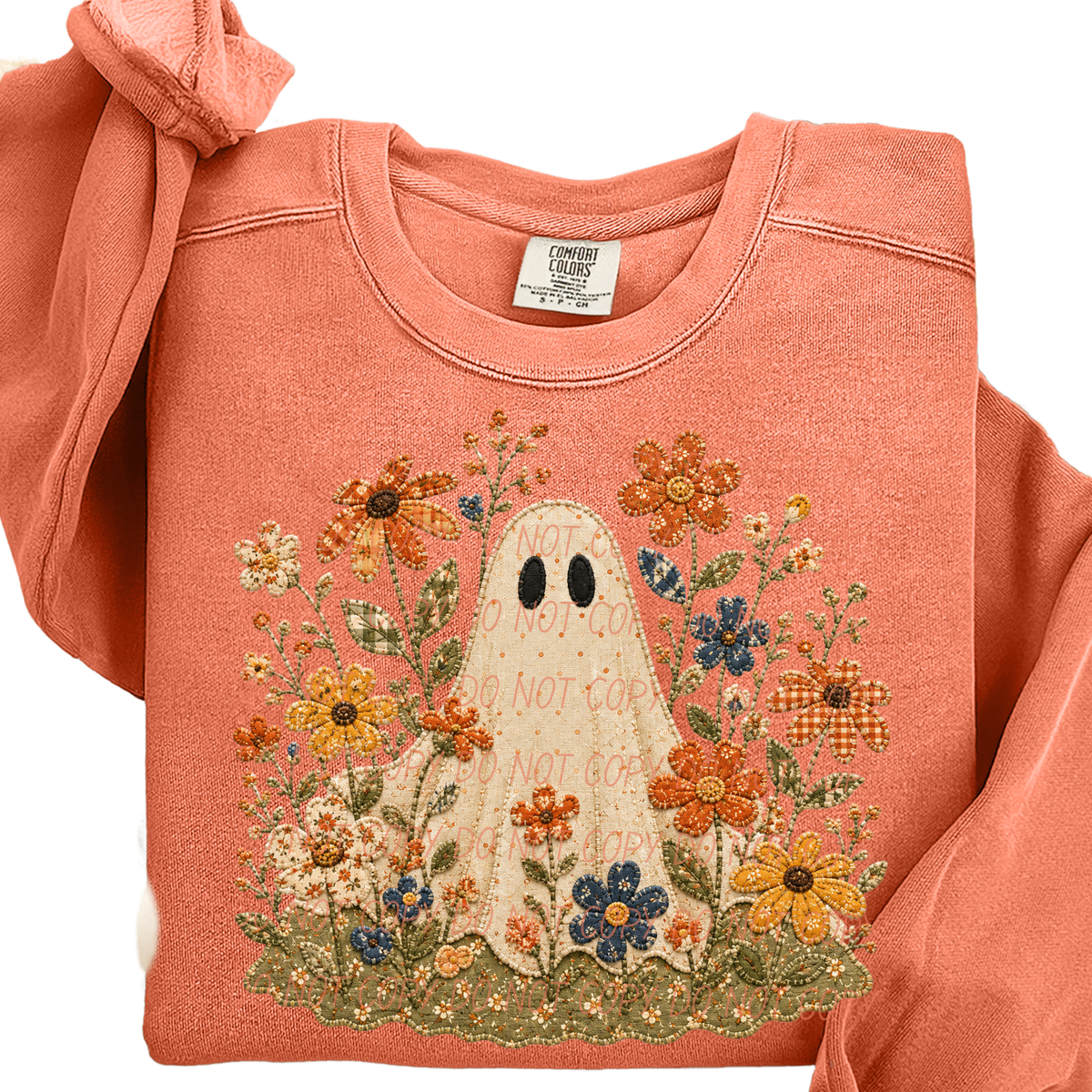ghost and flowers 4 faux embroidery (City) DTF Transfer