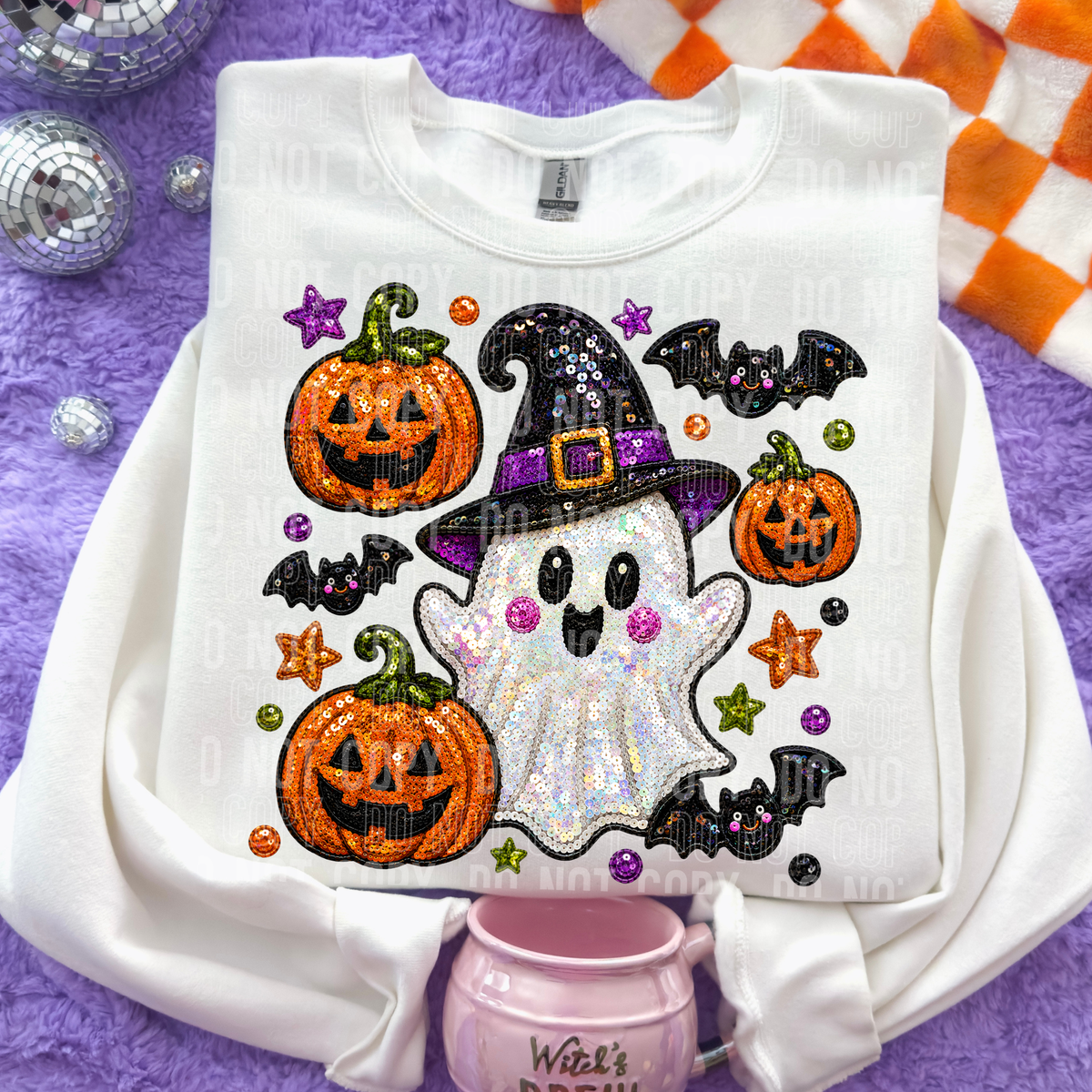 Ghost bats and pumpkins faux sequins DTF Transfer