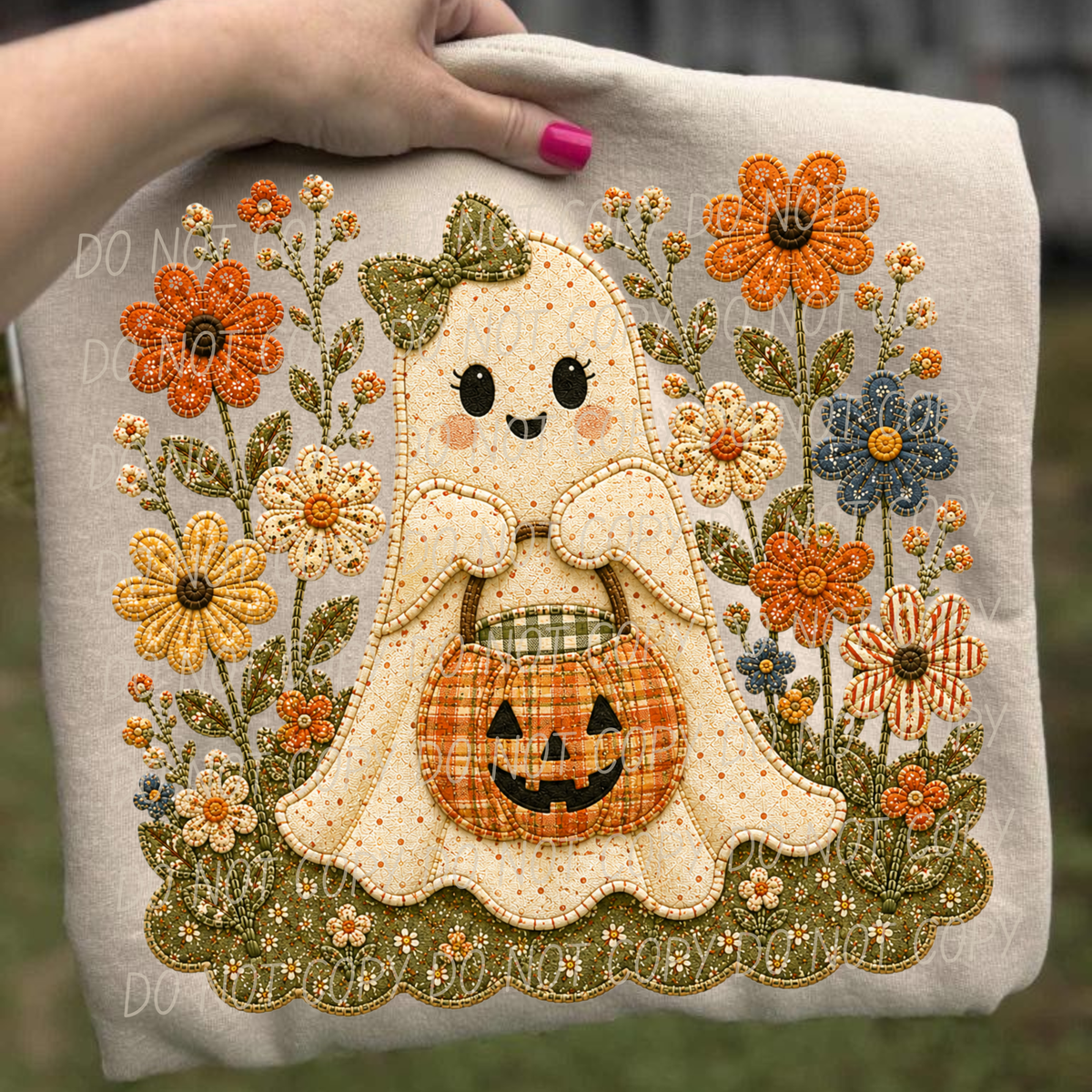 ghost trick or treat and flowers faux embroidery (City) DTF Transfer