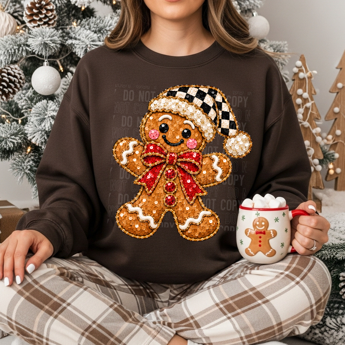 Gingerbread faux painted black and white checkered Santa hat (SBB) DTF Transfer