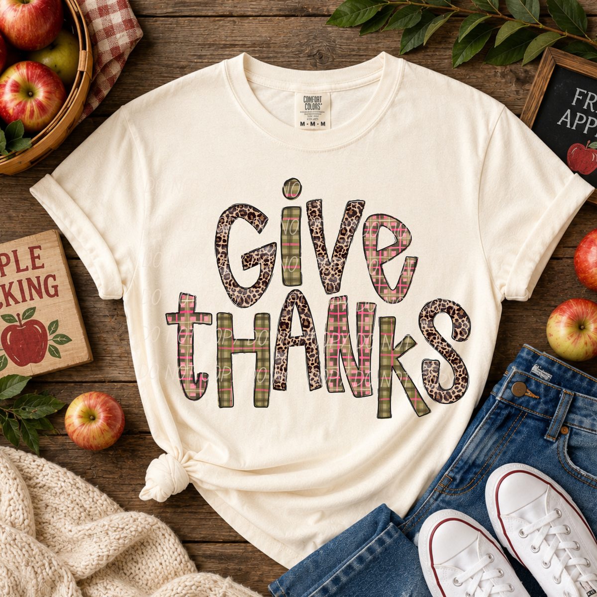 Give Thanks-Leopard/Plaid Font (CITY)DTF Transfer
