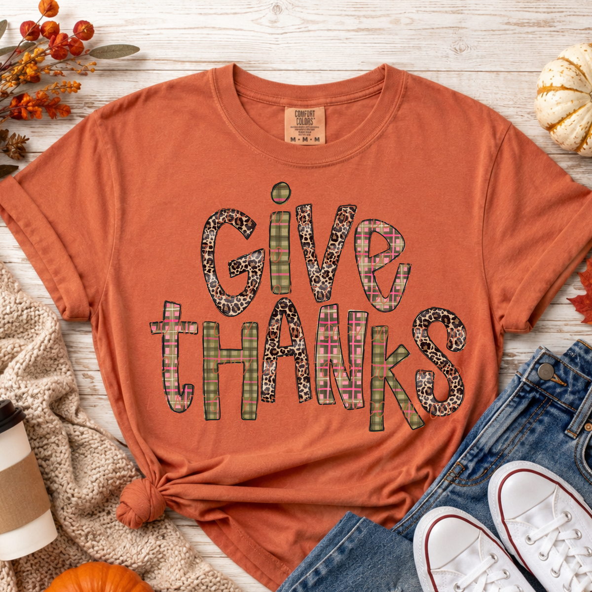 Give Thanks-Leopard/Plaid Font (CITY)DTF Transfer