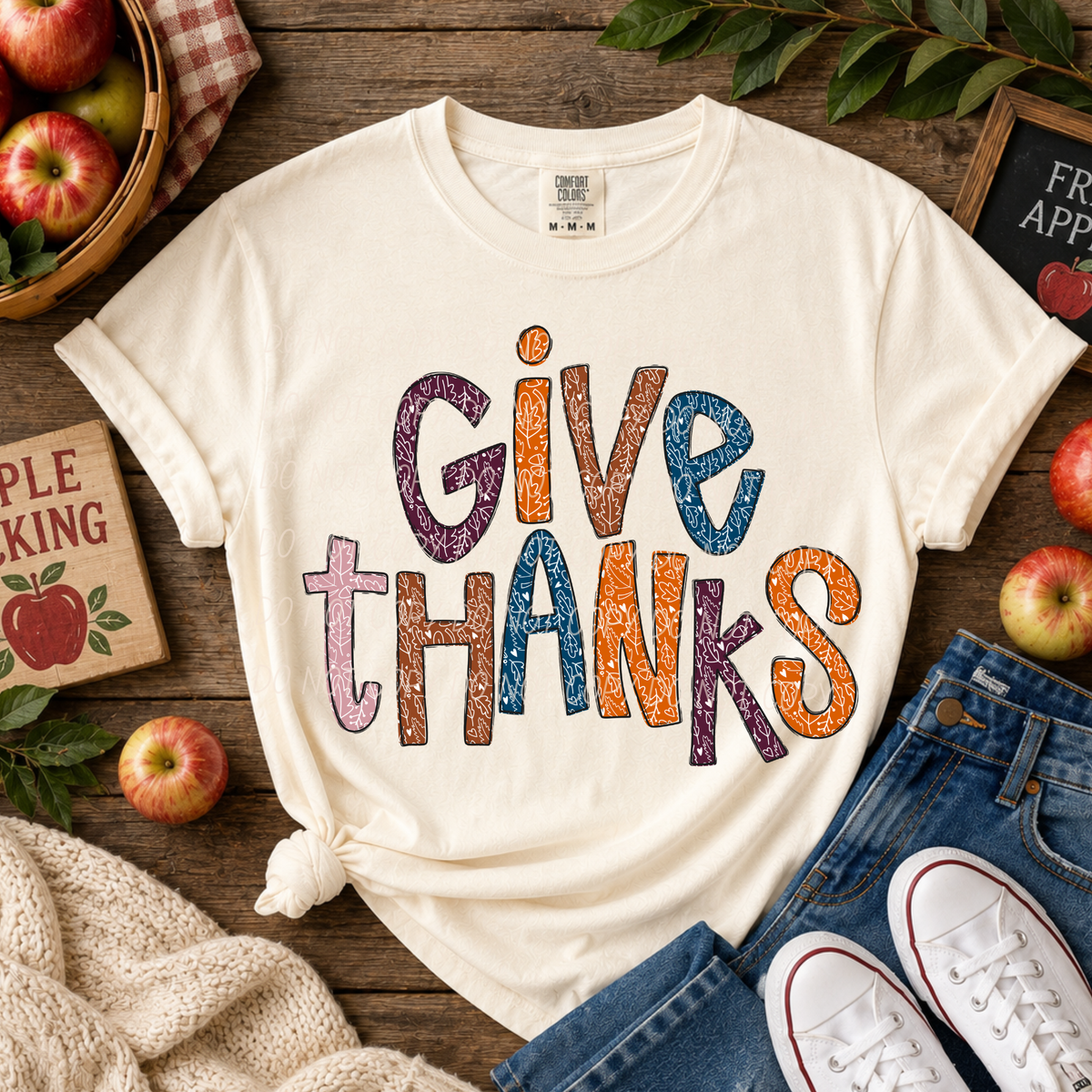 Give Thanks-Leaves with tiny hearts font (CITY)DTF Transfer