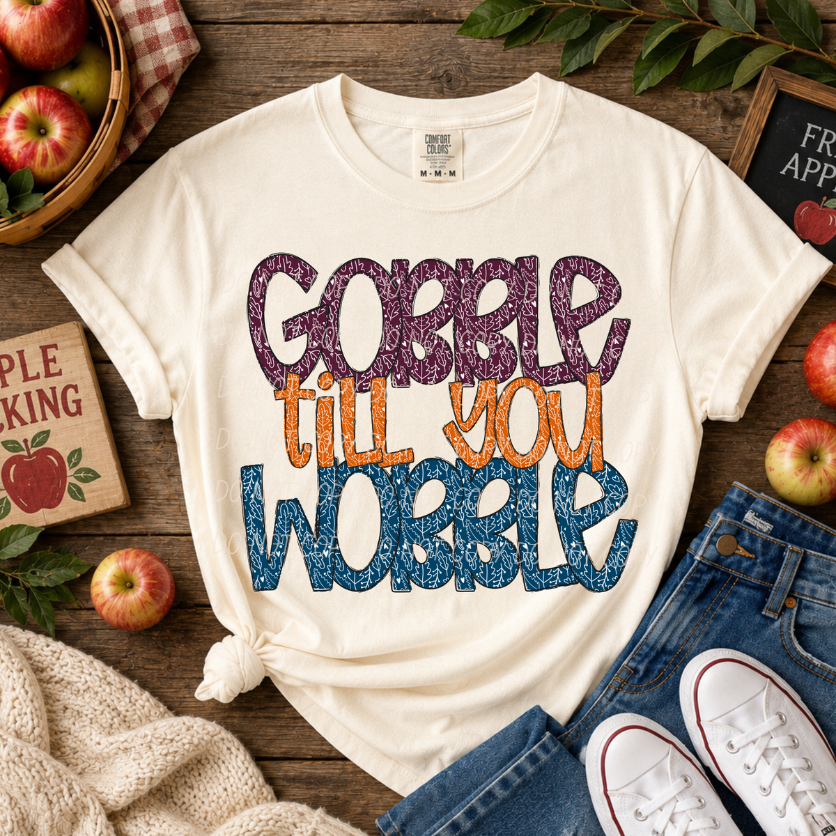 Gobble Till You Wobble-Purple Orange Blue Leaf Font (CITY)DTF Transfer