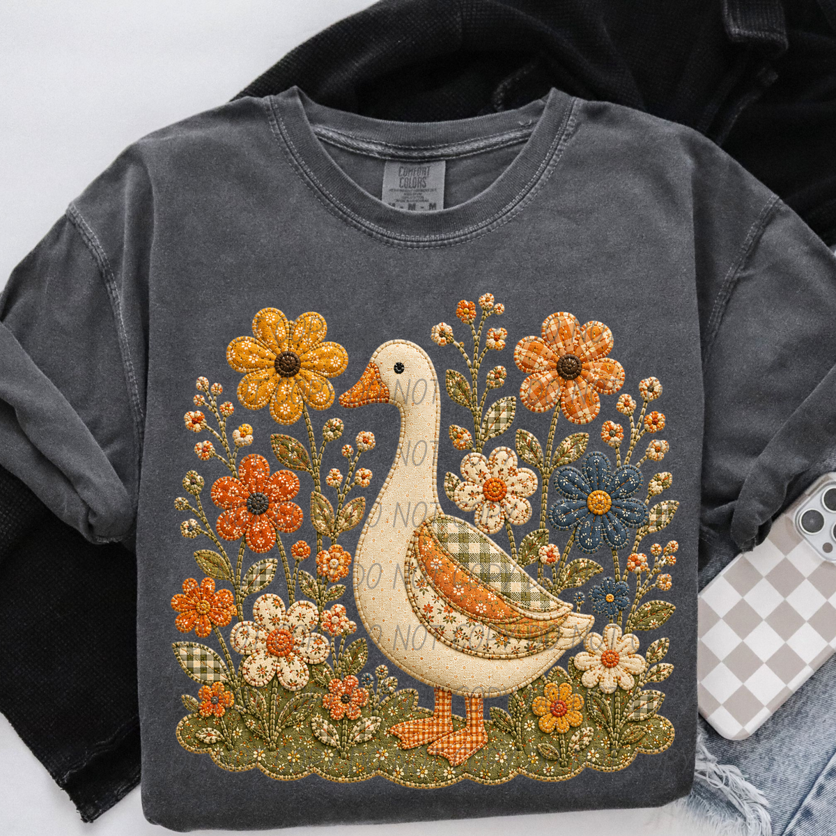 goose and flowers faux embroidery (City) DTF Transfer