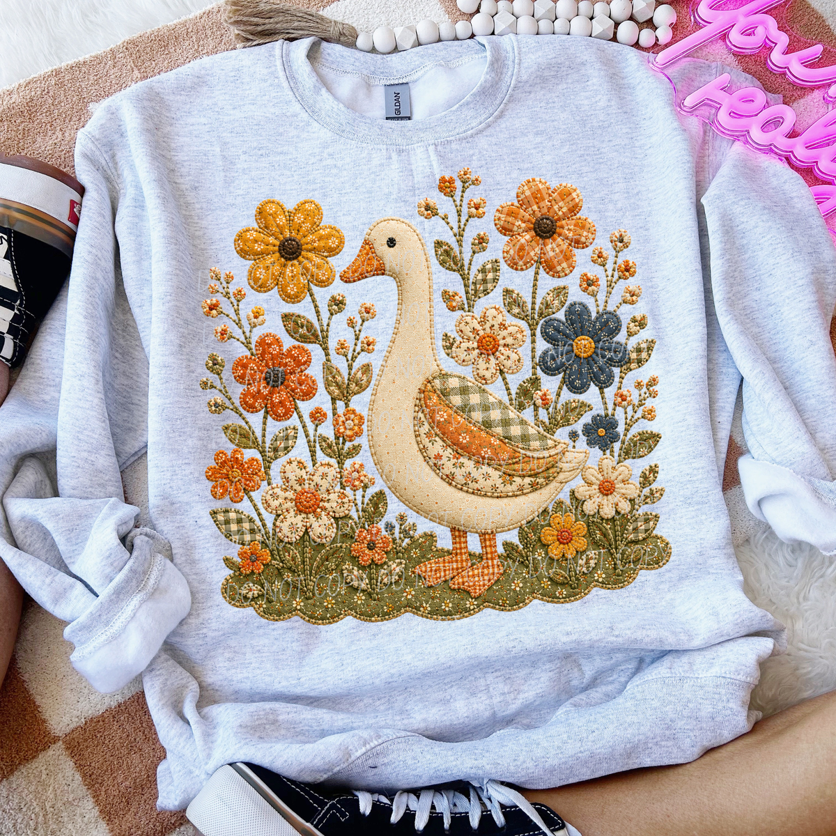 goose and flowers 2 faux embroidery (City) DTF Transfer