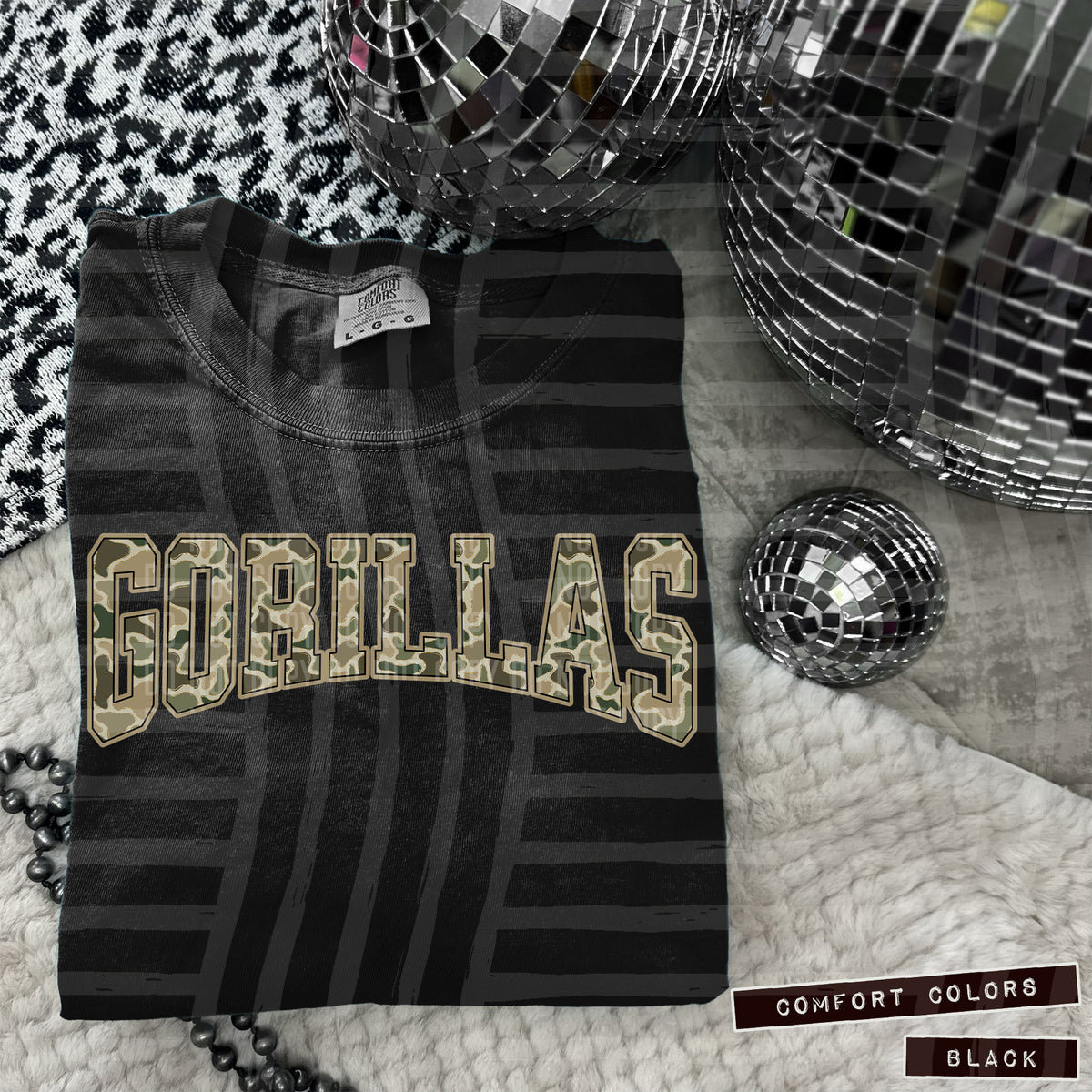 Gorillas faux glitter camo arched (Caplinger) DTF transfer