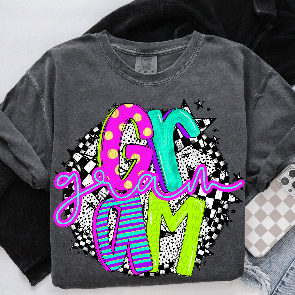 Gram neon checkered CITY DTF transfers