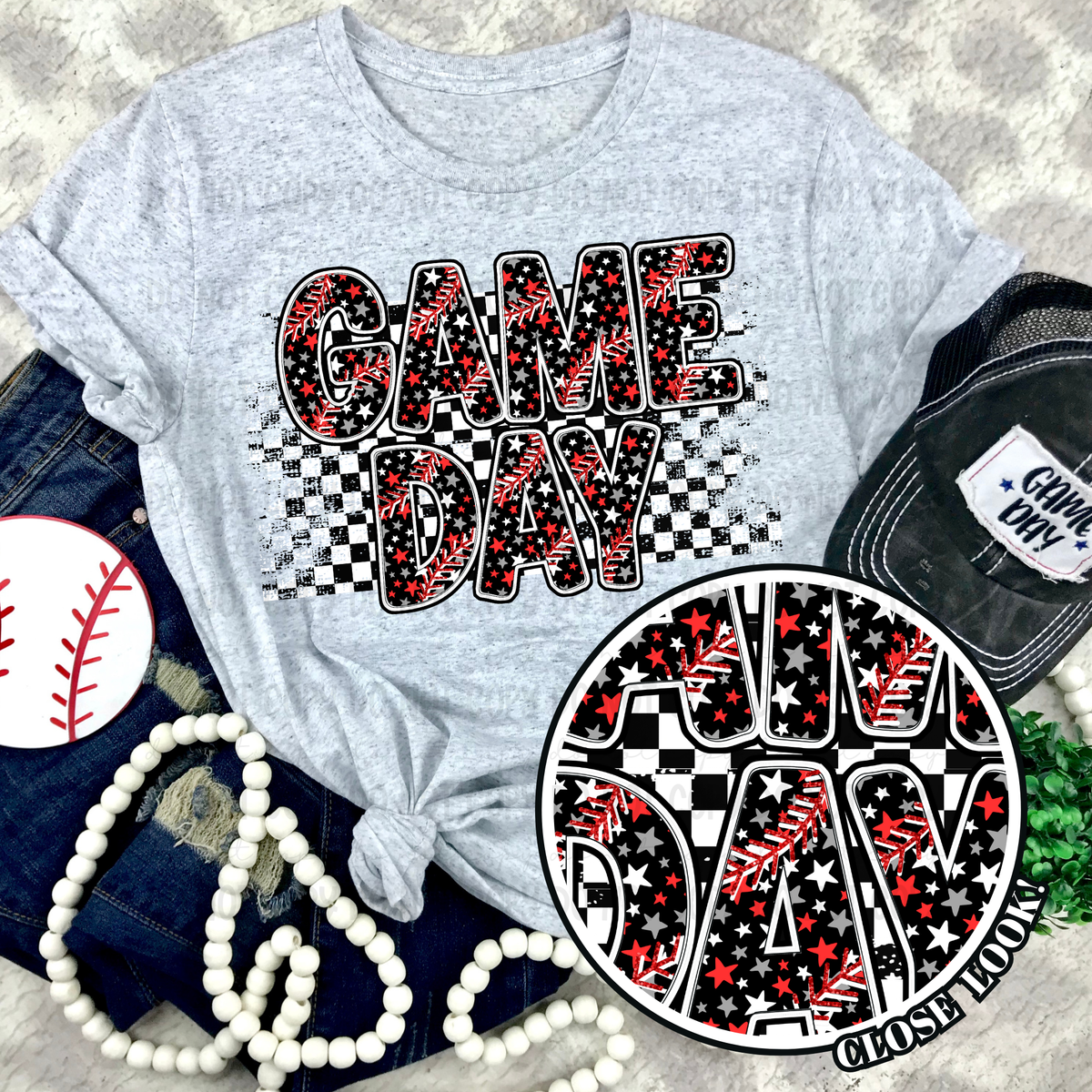 Game day checkered stars baseball (Revel) DTF transfer