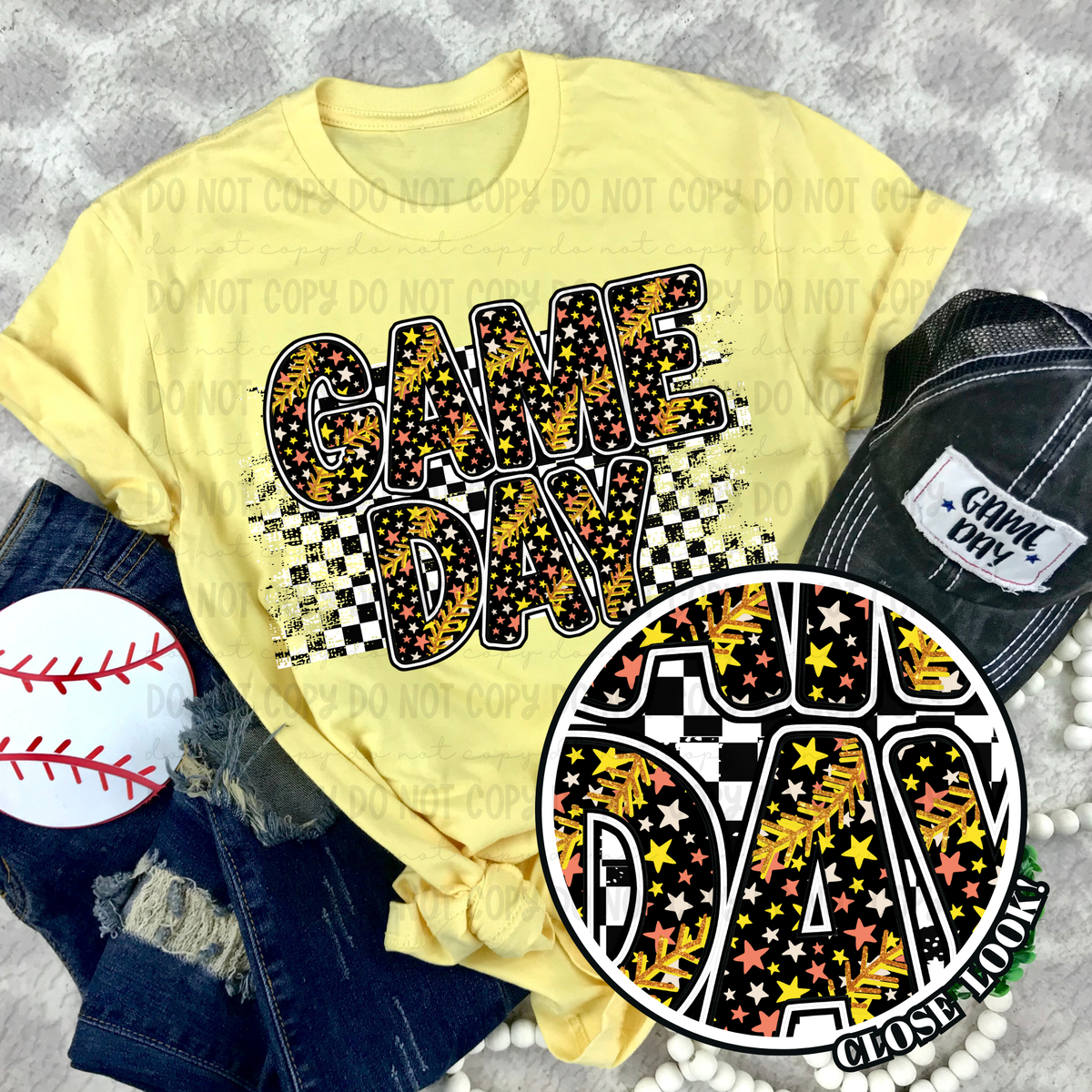 Game day checkered stars softball (Revel) DTF transfer