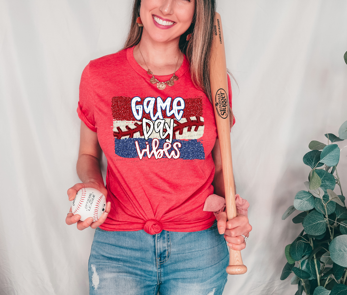 Game Day Vibes Baseball Red White and Blue Glitter Effect 115974 DTF Transfer