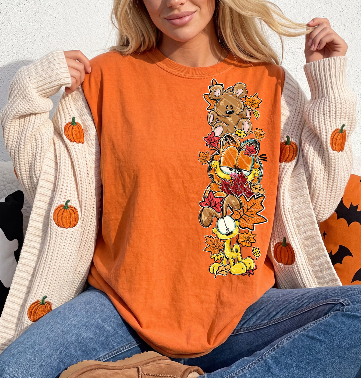 Orange cat fall leaves side piece (AG) DTF Transfer