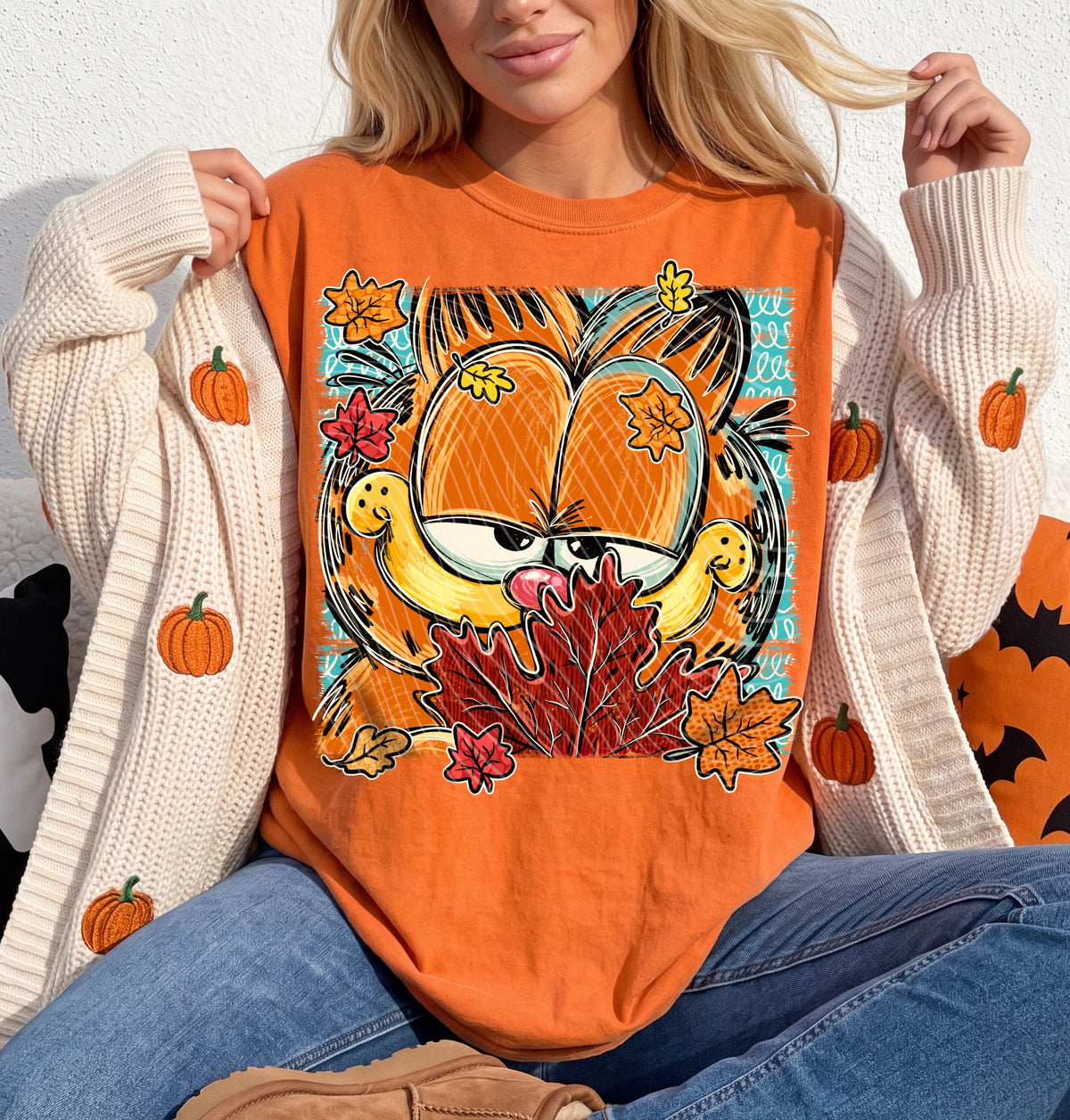 Orange cat with fall leaves (AG) DTF Transfer