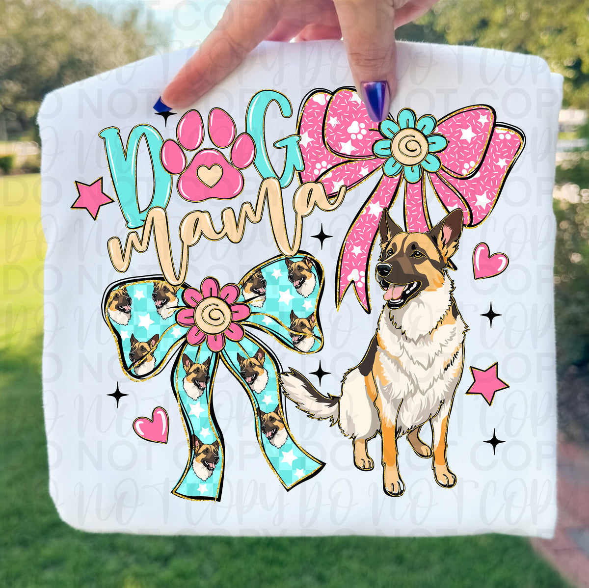 Dog mama German Shepherd (pink and teal w bows) (UAC) DTF Transfer