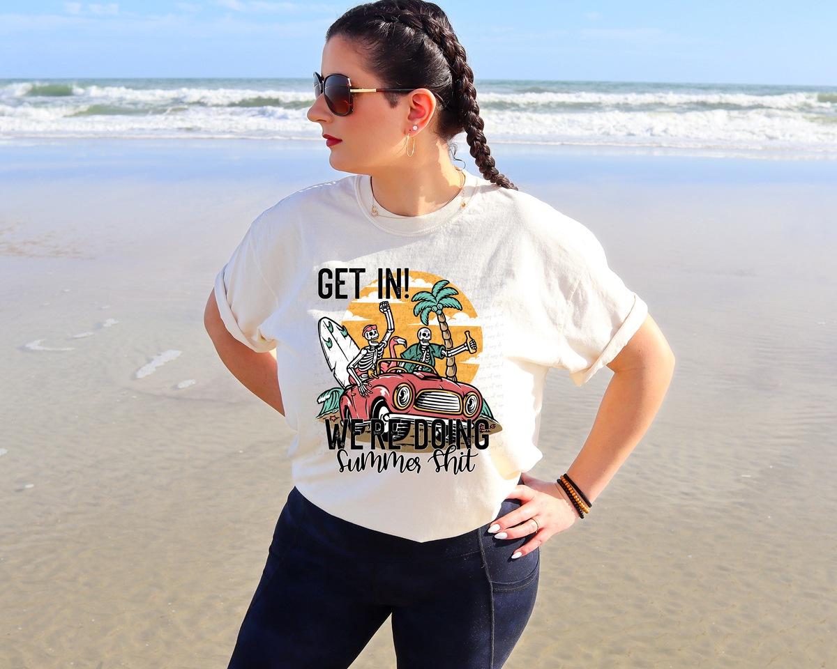 Get In We're Doing Summer Shit Skellie Red Car Palm Trees 115773 DTF Transfer