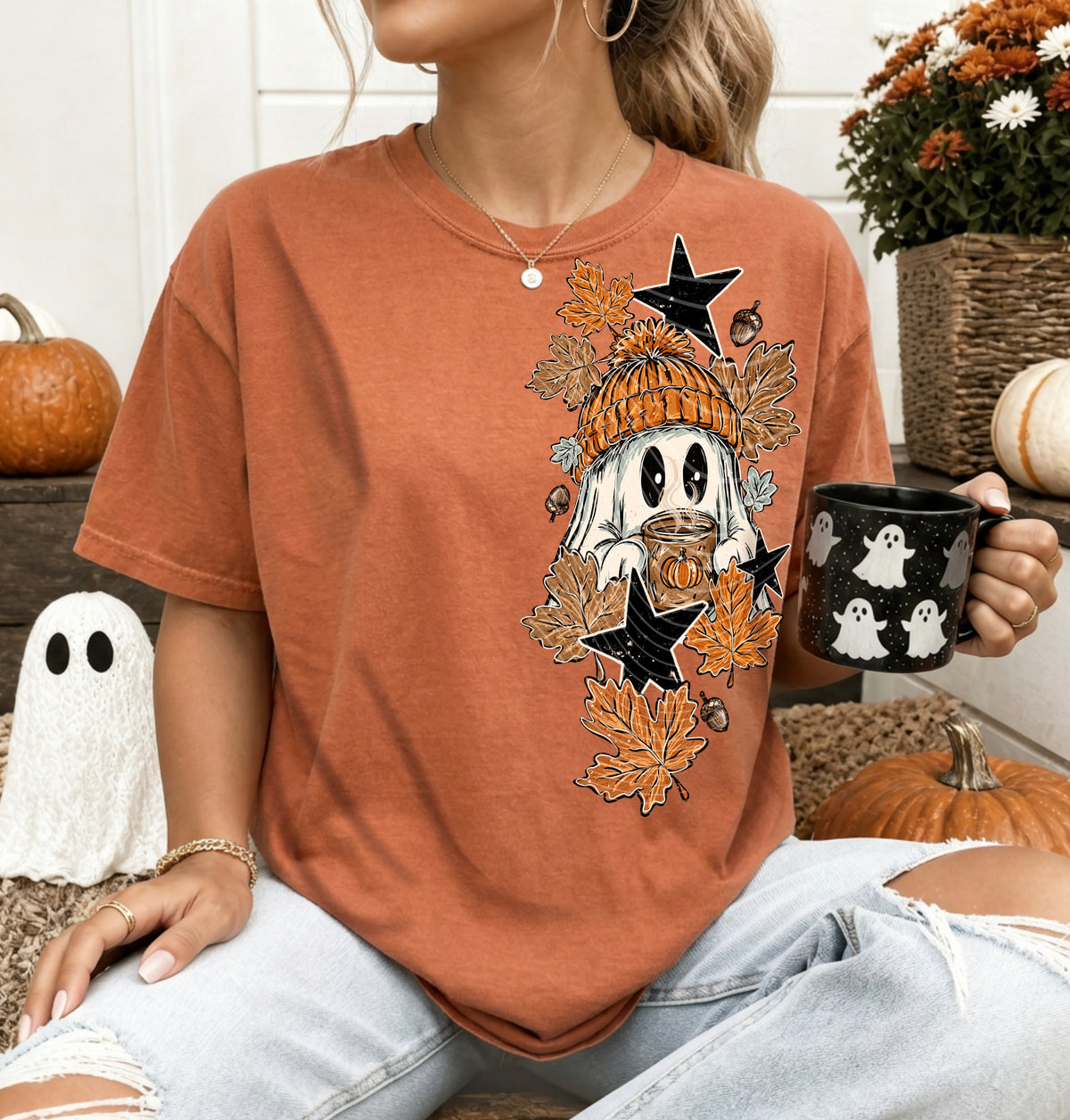 Ghost in orange bogging with leaves side piece (AG) DTF Transfer