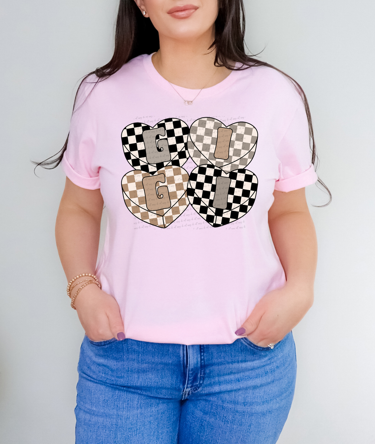 Gigi Checker Hearts Beige Black Grey Capital Letters 81483 DTF Transfer