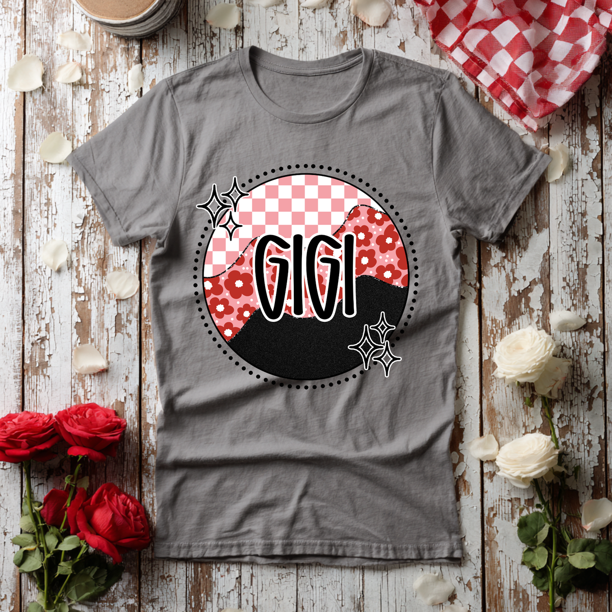 Gigi pink checkered circle with faux glitter (Revel) DTF Transfer