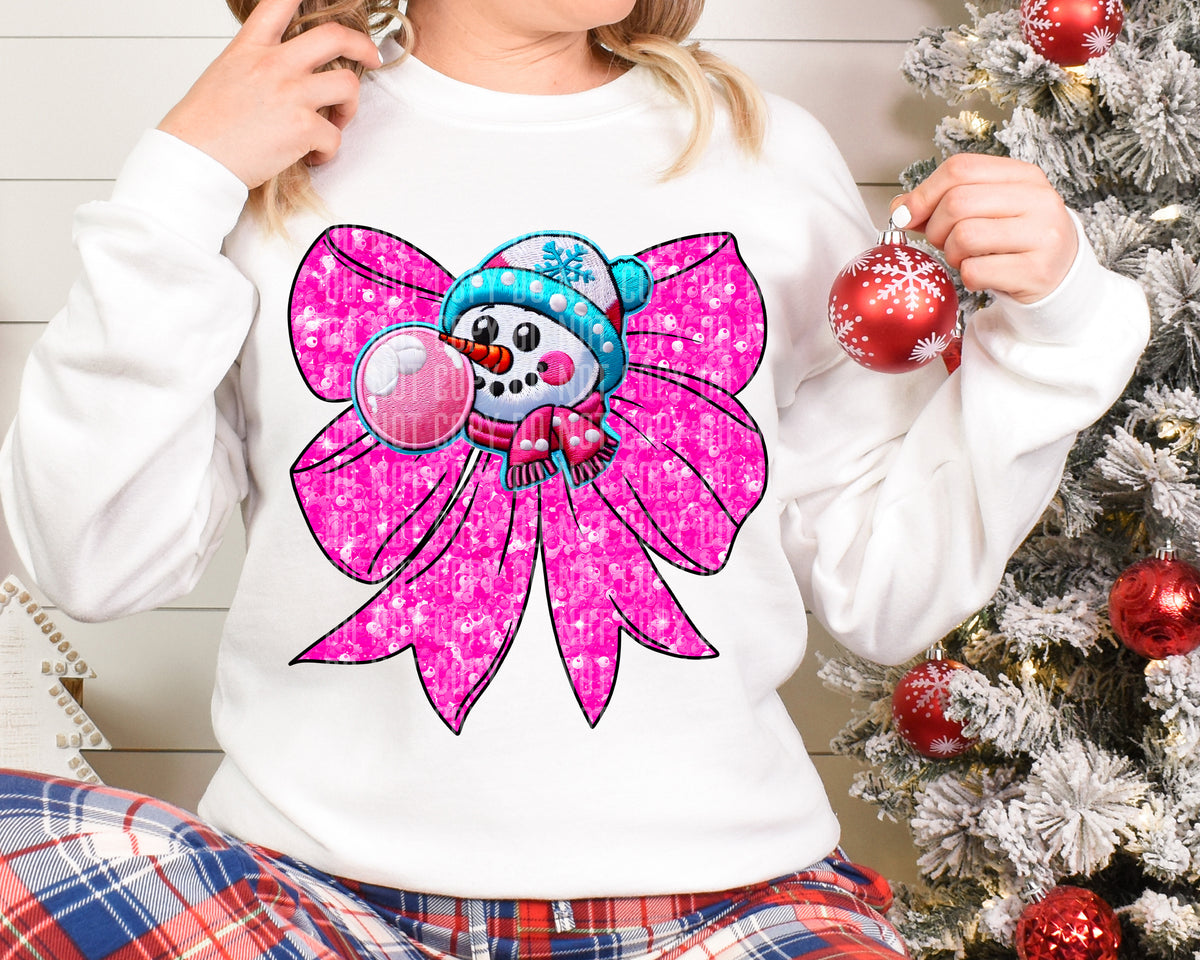 Pink Bow Faux Sequin Snowman Bubblegum 69074 DTF transfer