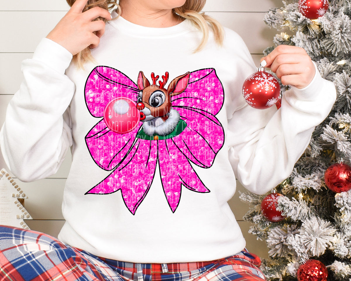 Pink Bow Faux Sequin Reindeer Bubblegum 69075 DTF transfer