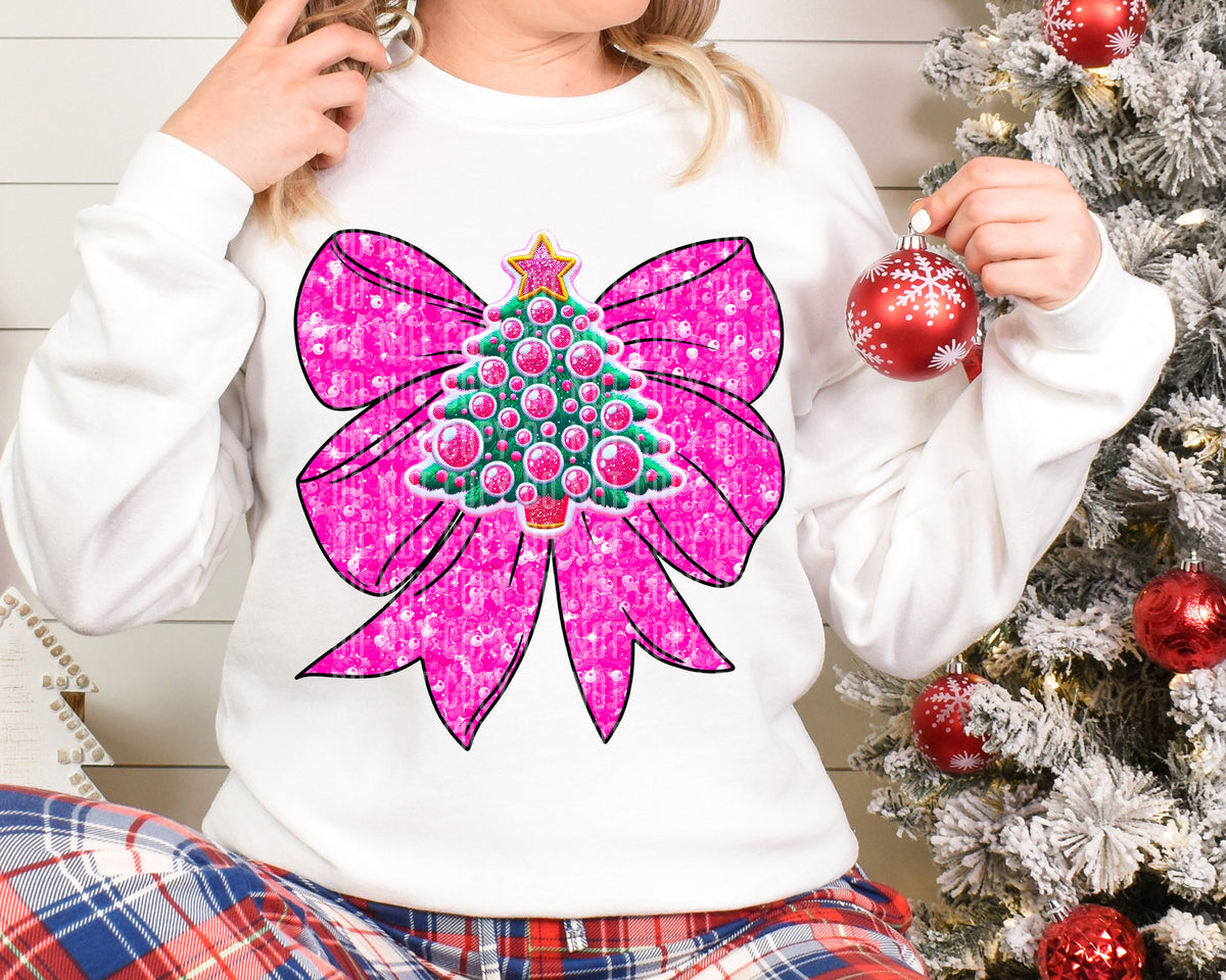 Pink Bow Faux Sequin Christmas Tree Bubblegum 69077 DTF transfer