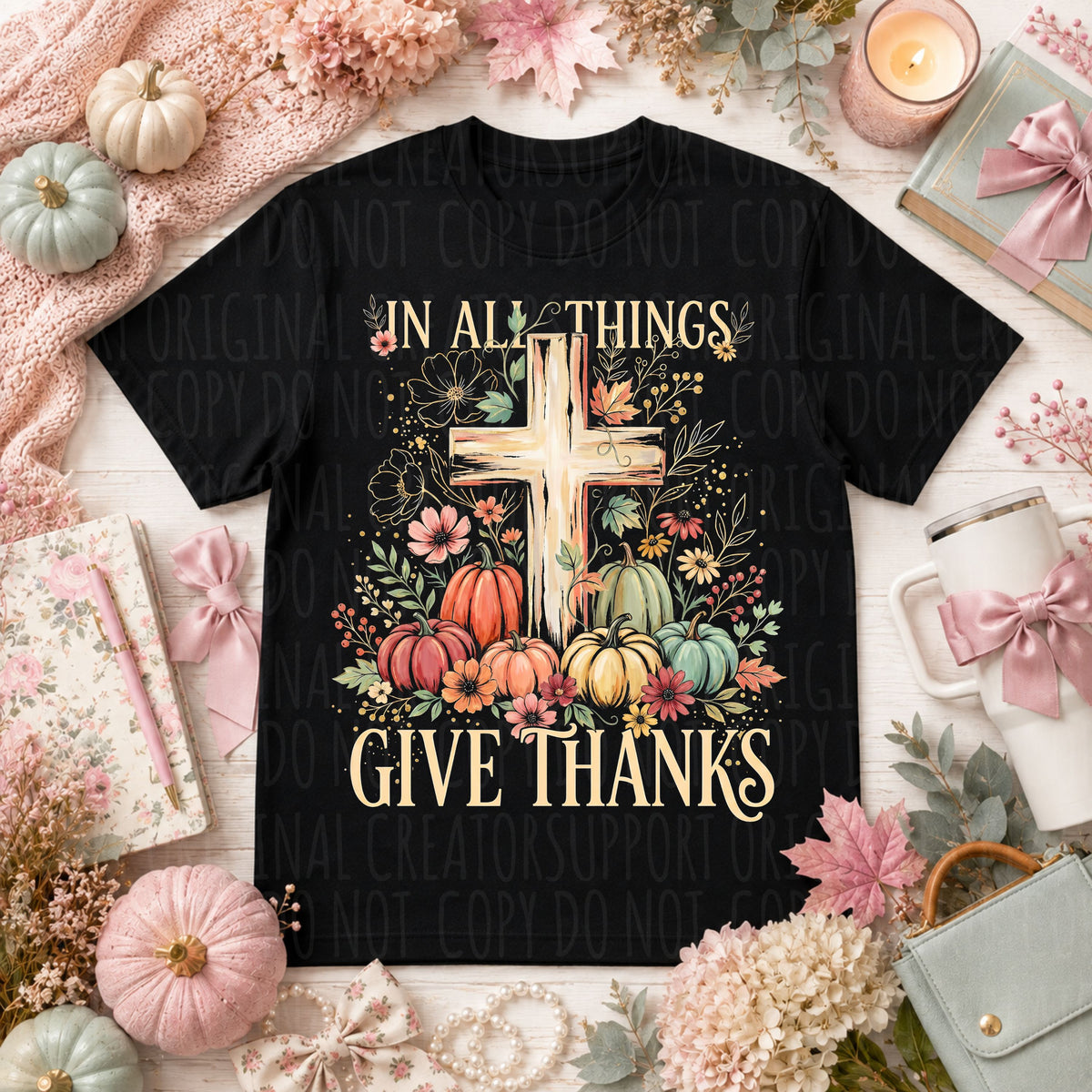 In all things give thanks cross with pumpkins (SDD) DTF Transfer