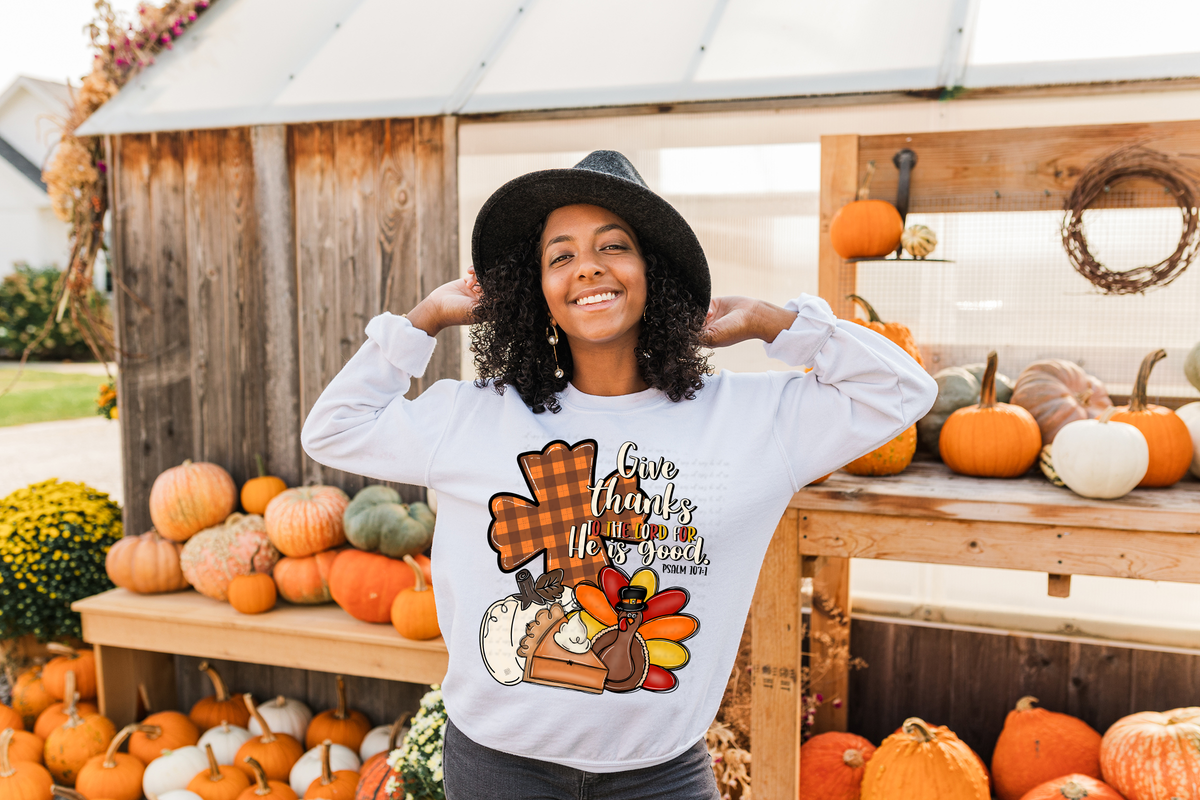 Give Thanks To The Lord For He Is Good Plaid Cross Turkey Pie 114879 DTF transfer