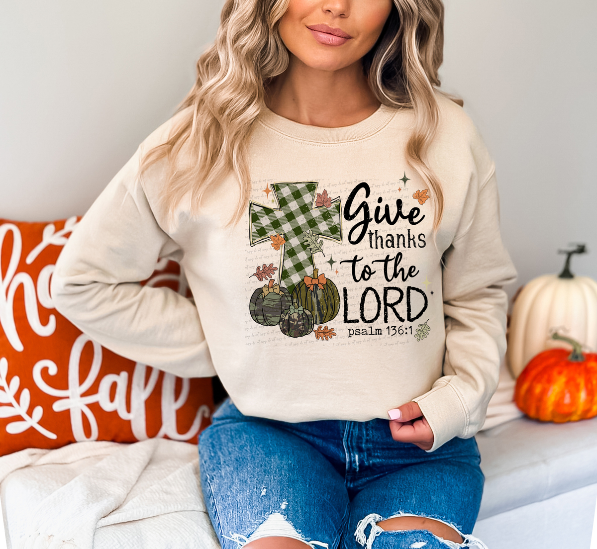 Give Thanks To The Lord Psalm 136:1 Plaid Cross 59929 DTF Transfer
