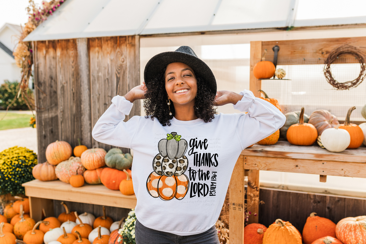 Give Thanks To The Lord Stacked Pumpkins Grey Leopard Orange Black Writing 115021 DTF Transfer