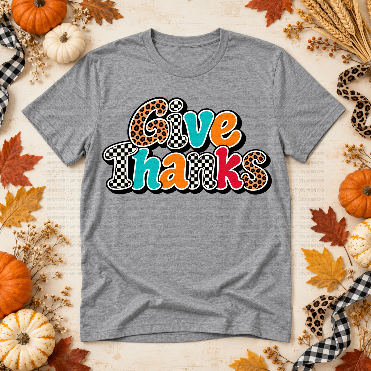 Give thanks cheetah checkered teal orange and red (Revel) DTF Transfer